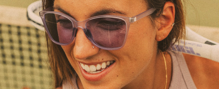 close up of girl wearing sunski anza sunglasses