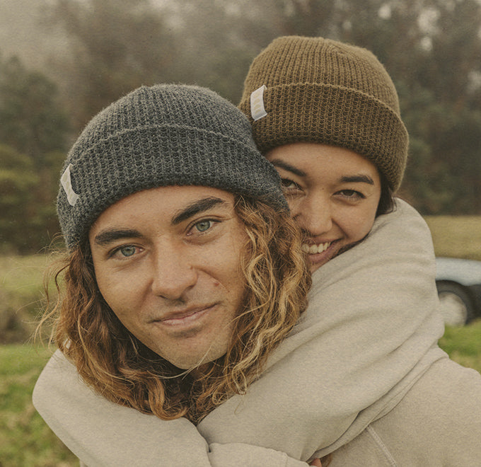 close-up view of a man and woman wearing beanies