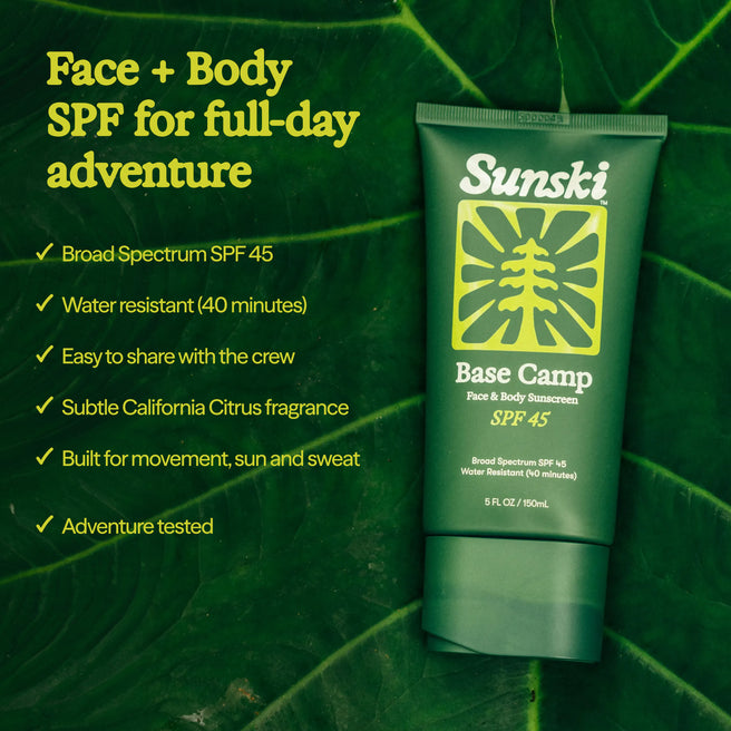 Base Camp SPF 45 Sunscreen - 5 Fl oz / 150 mL - card showing Base Camp SPF 45 sunscreen and features