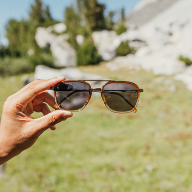 A hand holds a pair of brown double-bridge sunglasses with dark lenses against a blurred outdoor mountain and grassy background.