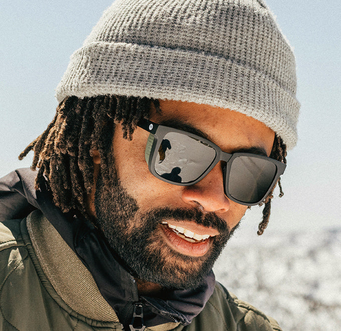 guy looking down wearing sunski beanie and couloir sunglasses