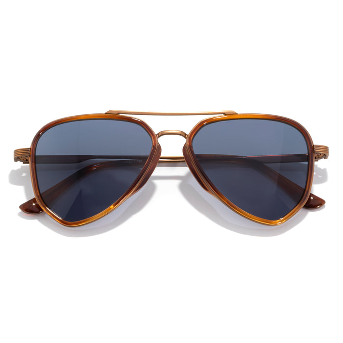 Aviator sunglasses with brown frame and dark lenses on a white background