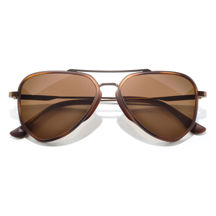 Brown sunglasses with a gold frame on a white background