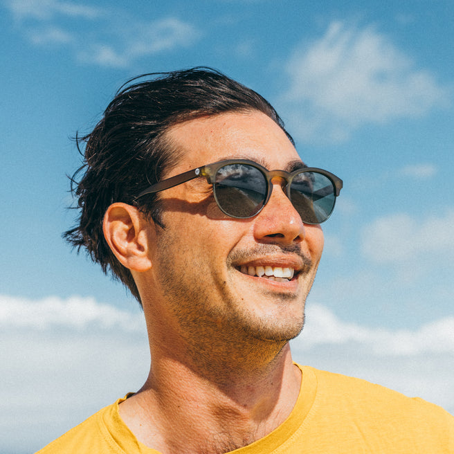 Man wearing sunglasses with a blue sky background