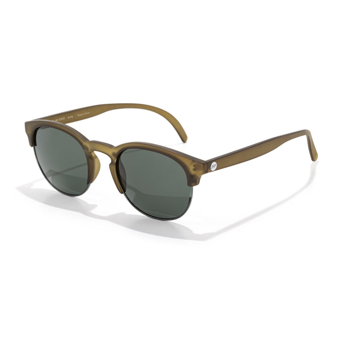 Brown sunglasses with dark lenses on a white background