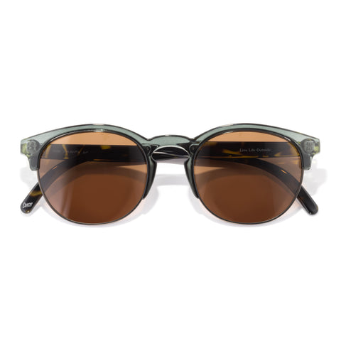 Round sunglasses with brown lenses and green frames on a white background