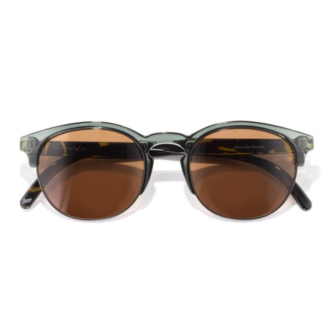Round sunglasses with brown lenses and green frames on a white background