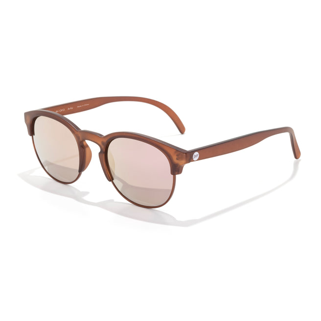 Brown sunglasses with reflective lenses on a white background