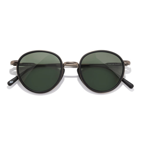 Round sunglasses with dark lenses on a white background