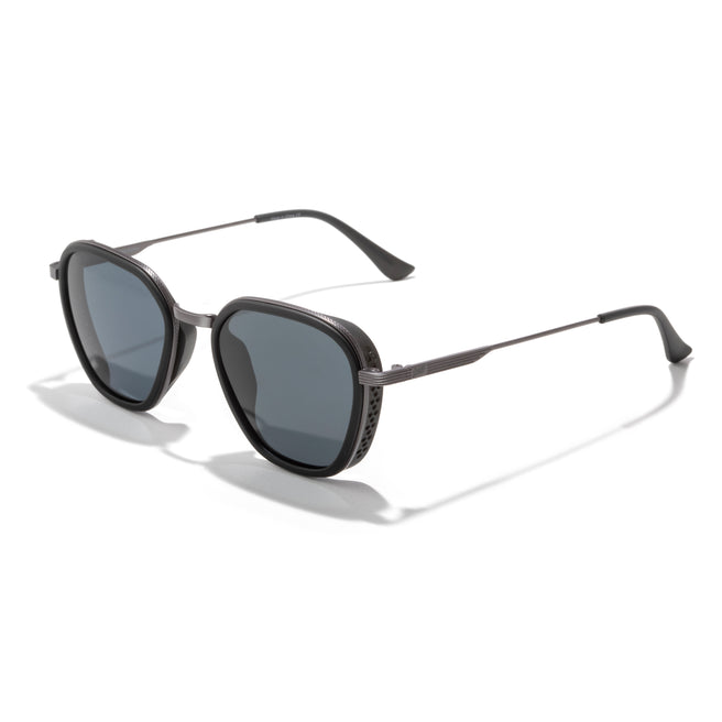 Bernina - Black Slate - Sunglasses with dark lenses and thin metal frame on a white background
