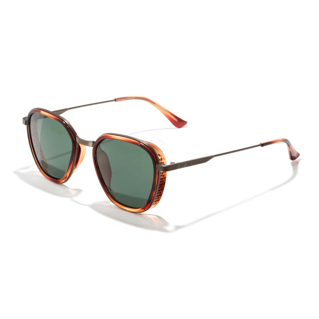 Bernina - Caramel Forest - Black round sunglasses with gold frames on a white background