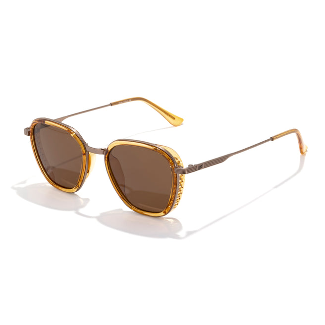 Bernina - Desert Amber - Sunglasses with striped frame and reflective lenses on a white background