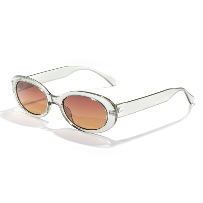 Sunglasses with clear frame and orange-tinted lenses on a white background