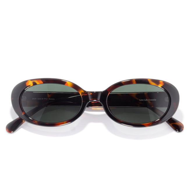 Sunglasses with tortoiseshell frame and dark lenses on a white background