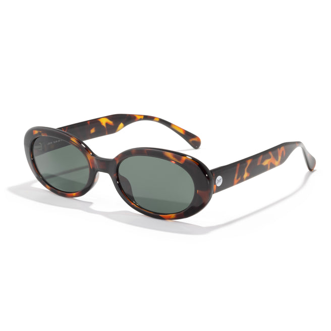 Sunglasses with tortoiseshell frame and dark lenses on a white background