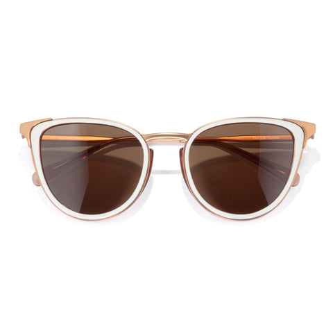 Sunglasses with gold frame and brown lenses on a white background