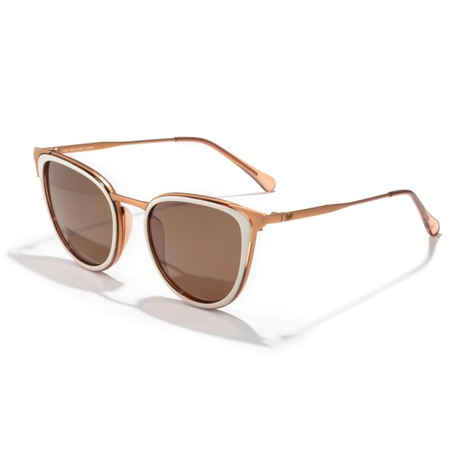 Sunglasses with rose gold frame and brown lenses on a white background