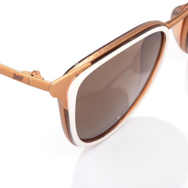 Sunglasses with brown frame and dark lenses on a white background