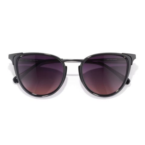 Black sunglasses with purple gradient lenses on a white background