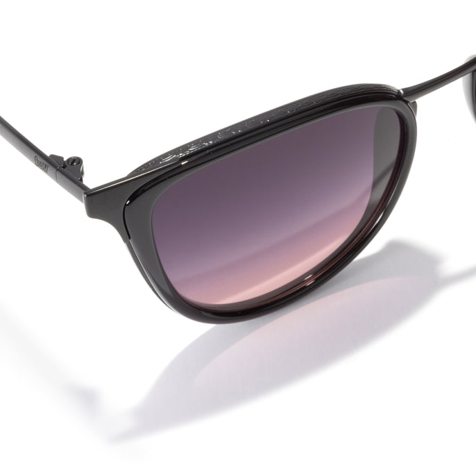Sunglasses with black frame and gradient purple lens on a white background