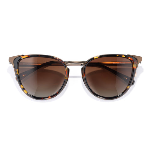 Sunglasses with tortoiseshell frame and brown lenses on a white background