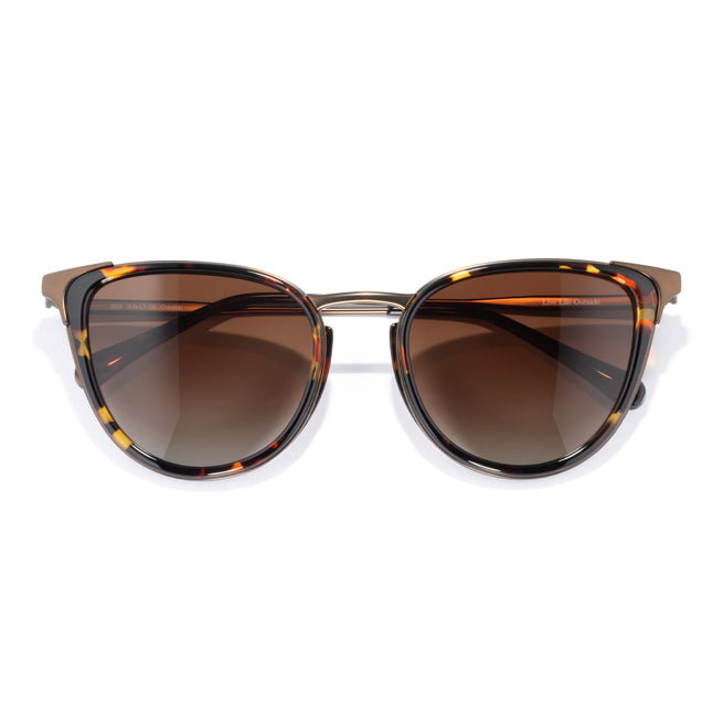 Sunglasses with tortoiseshell frame and brown lenses on a white background