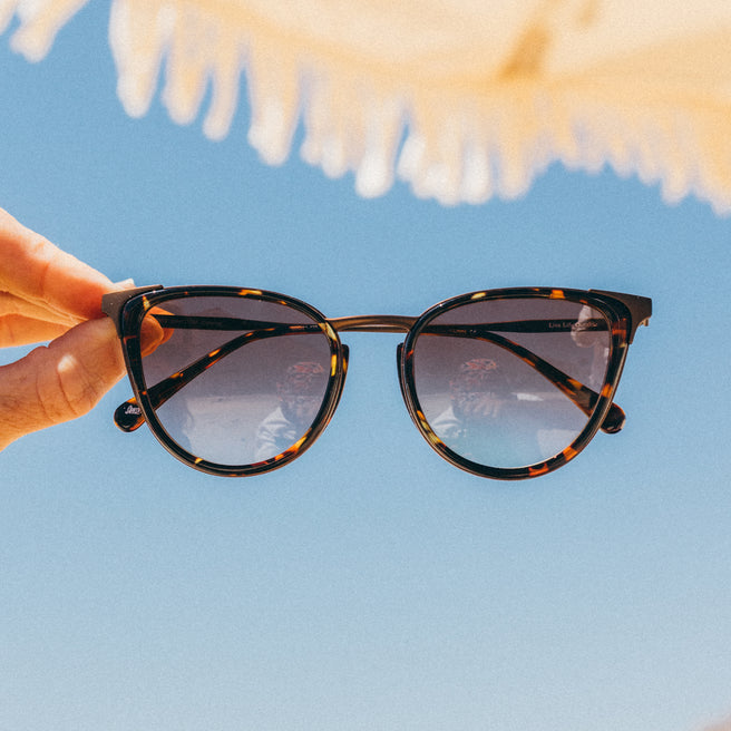 Tortoiseshell sunglasses held against a clear blue sky