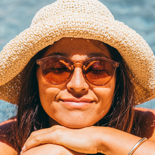 Woman wearing a wide-brimmed hat and sunglasses with a blurred natural background