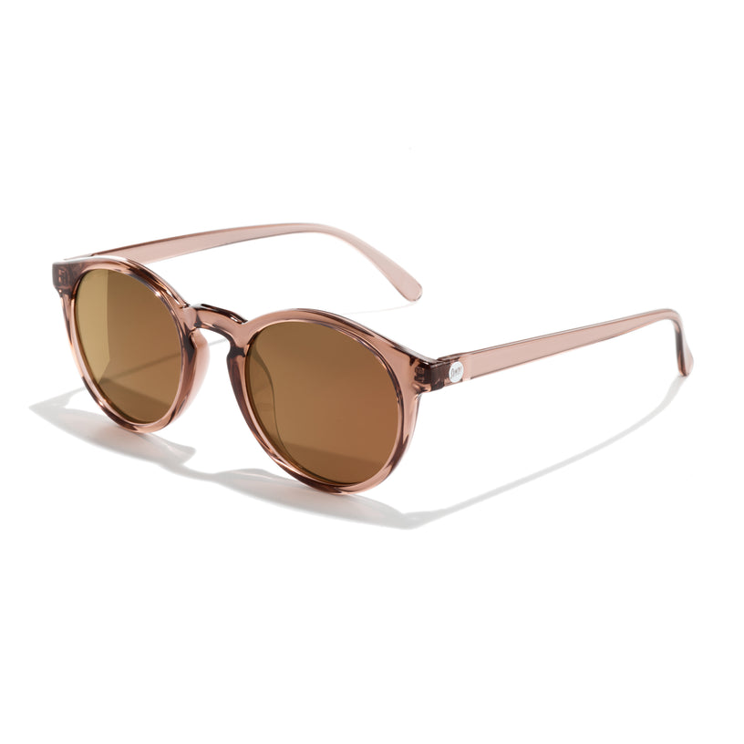 Round sunglasses with brown lenses and rose gold frame on a white background