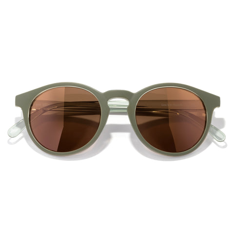 Sunglasses with brown lenses and green frames on a white background