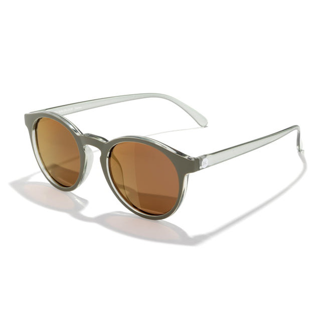 Sunglasses with brown lenses and silver frame on a white background