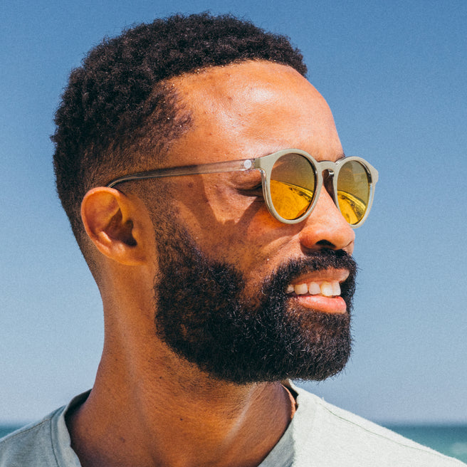 Man wearing sunglasses with a clear blue sky background
