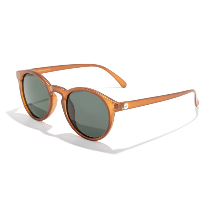 Brown sunglasses with green lenses on a white background