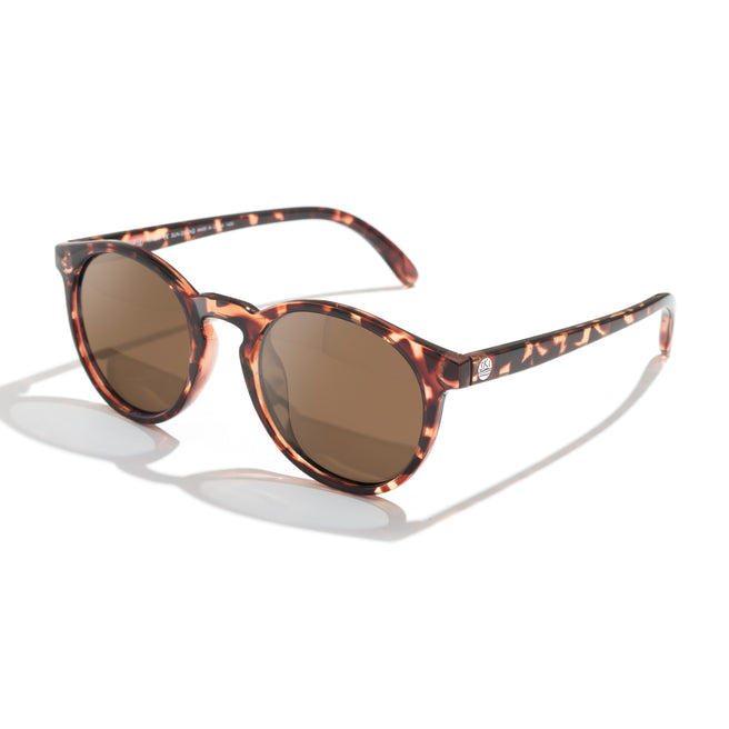 Sunglasses with tortoiseshell frame and brown lenses on a white background