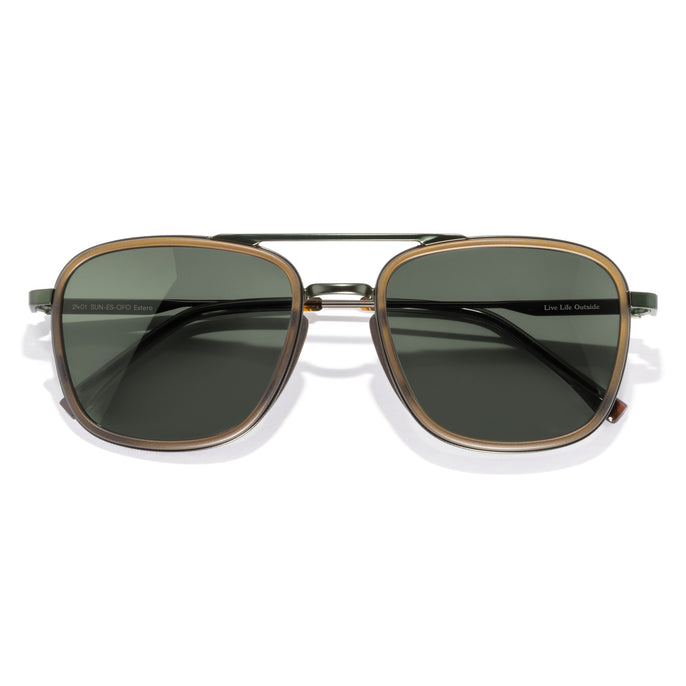 Estero - Olive Forest - Sunglasses with gold frame and dark lenses on a white background