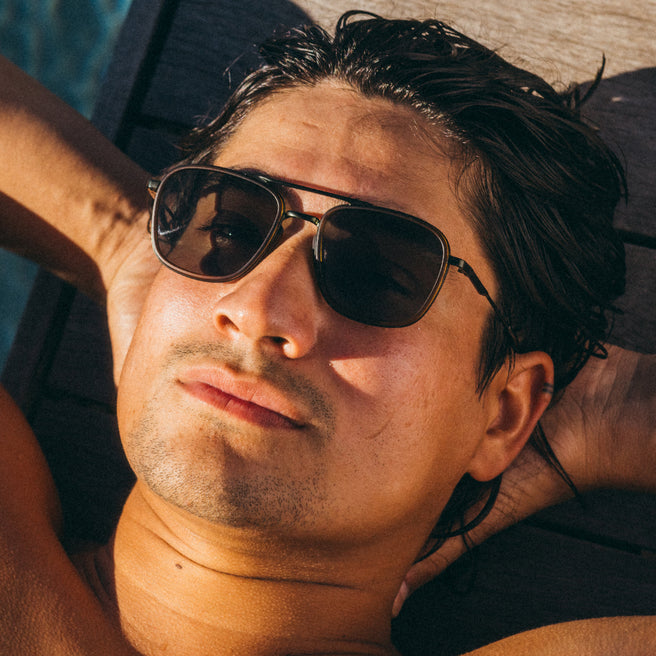 Man wearing sunglasses with a blurred background