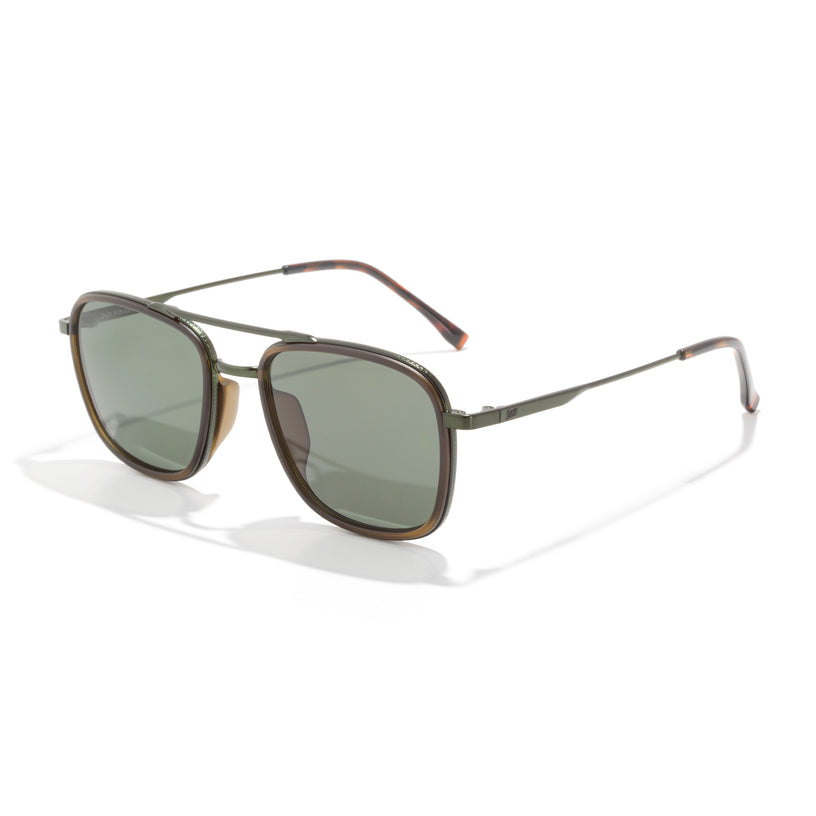 Sunglasses with brown frame and green lenses on a white background