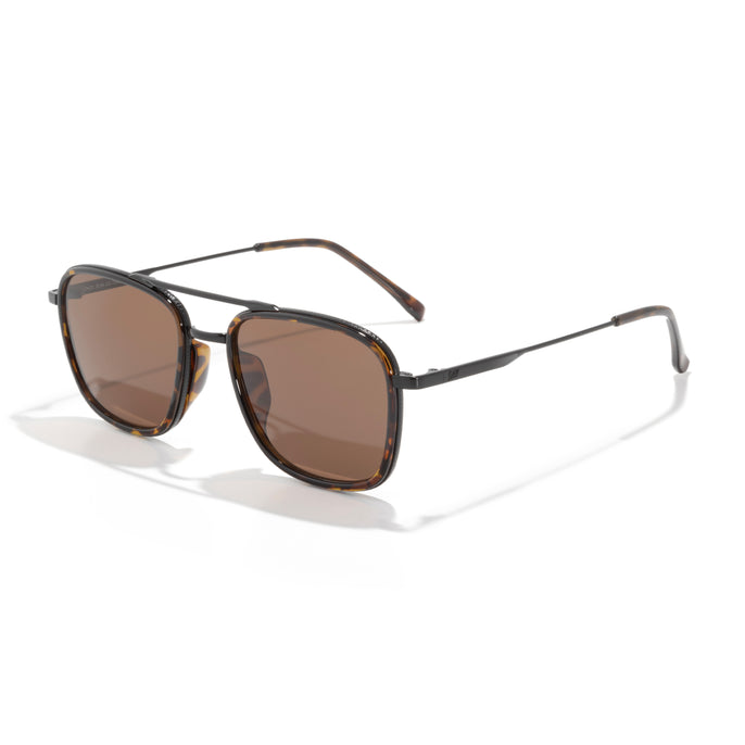 Sunglasses with brown lenses and black frame on a white background