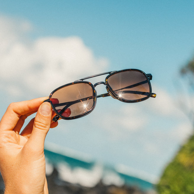 Estero - Tortoise Amber - Hand holding sunglasses with a blurred outdoor background