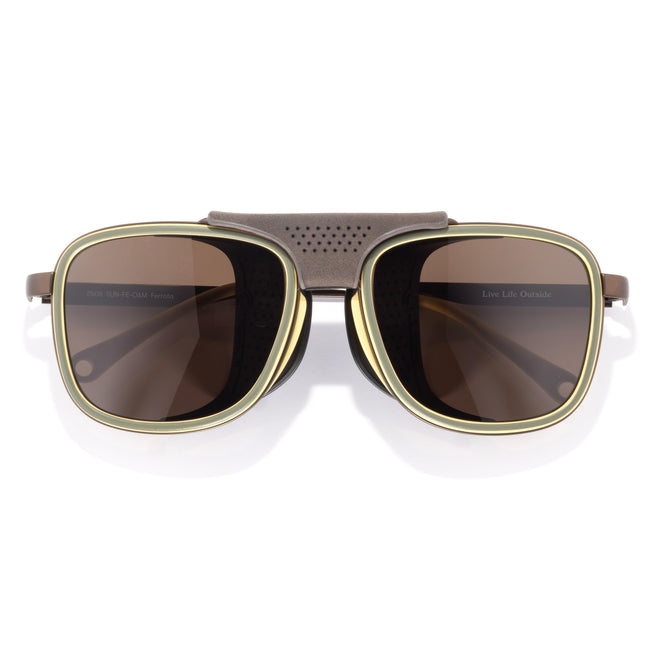 Sunglasses with gold frame and brown lenses on a white background