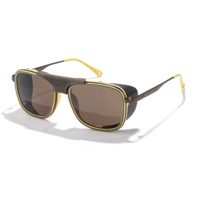 Sunglasses with brown lenses and gold frame on a white background