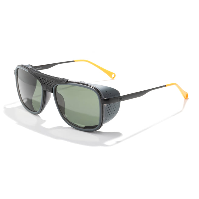 Sunglasses with black frame and yellow arms on a white background