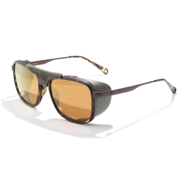 Sunglasses with brown lenses and dark frames on a white background