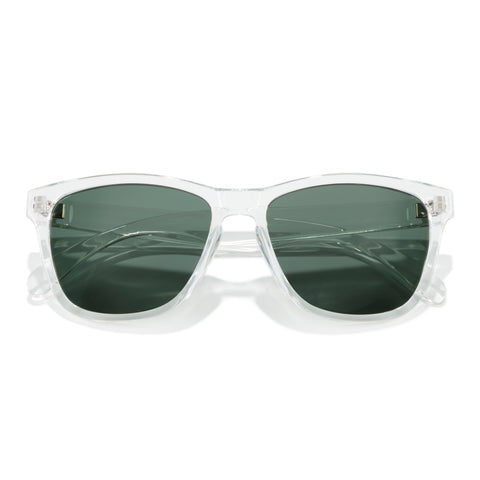 Clear frame sunglasses with dark lenses on a white background