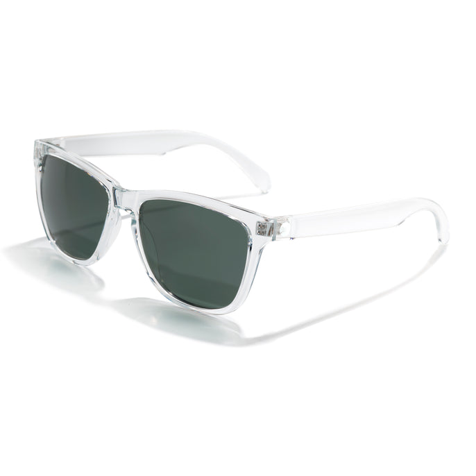 Clear frame sunglasses with dark lenses on a white background