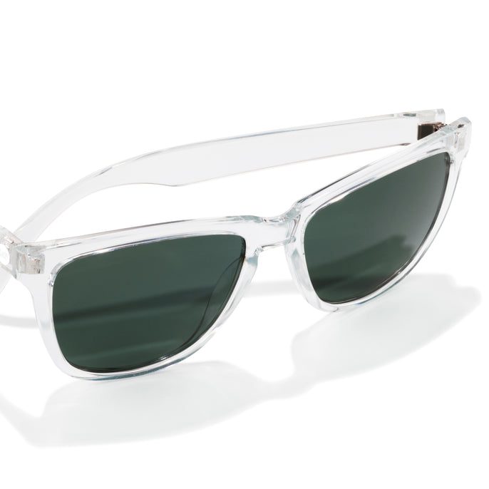 Clear frame sunglasses with dark lenses on a white background