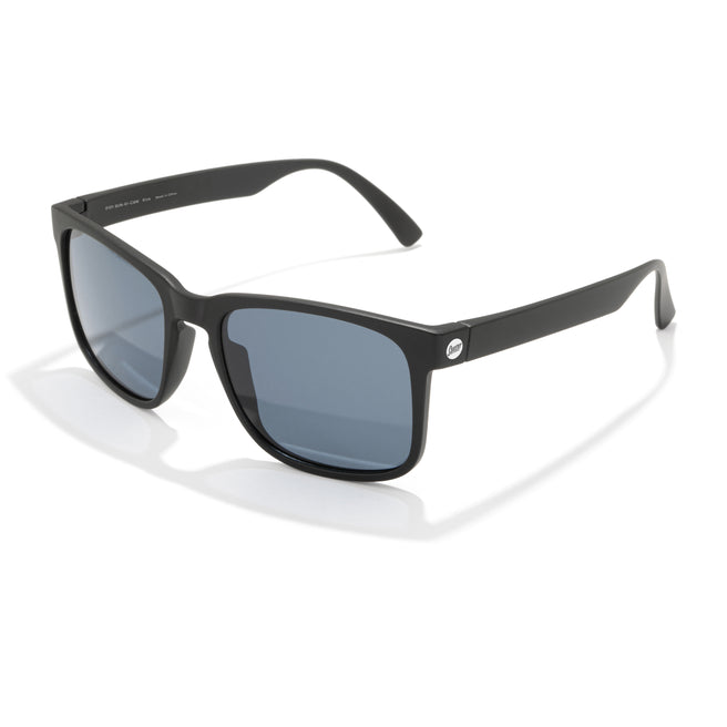 Black sunglasses with dark lenses on a white background
