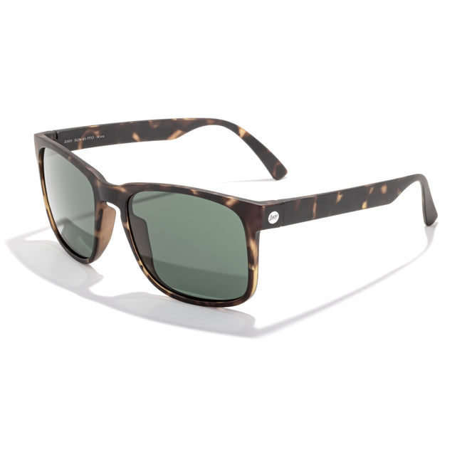 Sunglasses with tortoiseshell frame and dark lenses on a white background