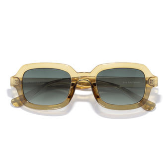 Gold-framed sunglasses with dark lenses on a white background