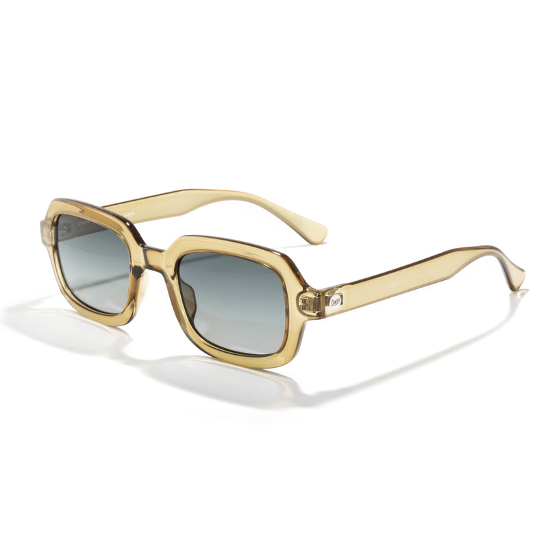 Gold-framed sunglasses with gradient lenses on a white background